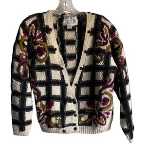 VTG Studio‎ Michelle Stuart Hand Knit Sweater M Floral Grid 80s 90s Art to Wear